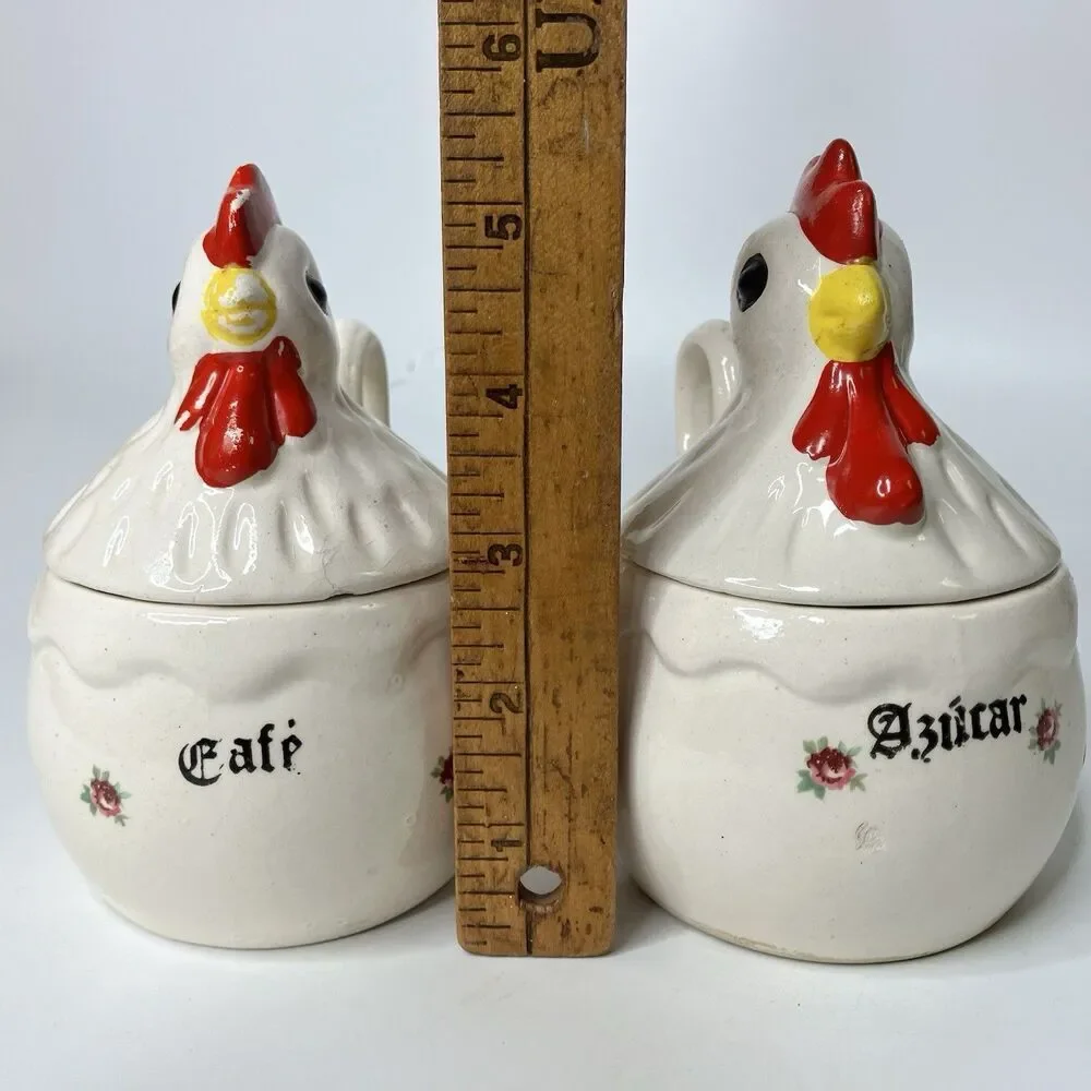 Vtg Rooster & Chicken Hen Coffee & Sugar Bowls Spanish Folk Art White Farmhouse